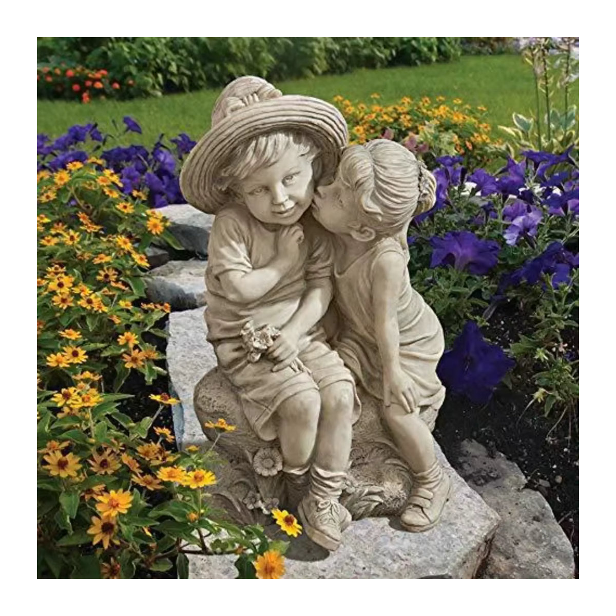 GUOFEI Deko-Skulptur aus Kunstharz – Klassische Statue küssende Kinder für Veranda und Innenhof in Grau und Beige - Bild 1