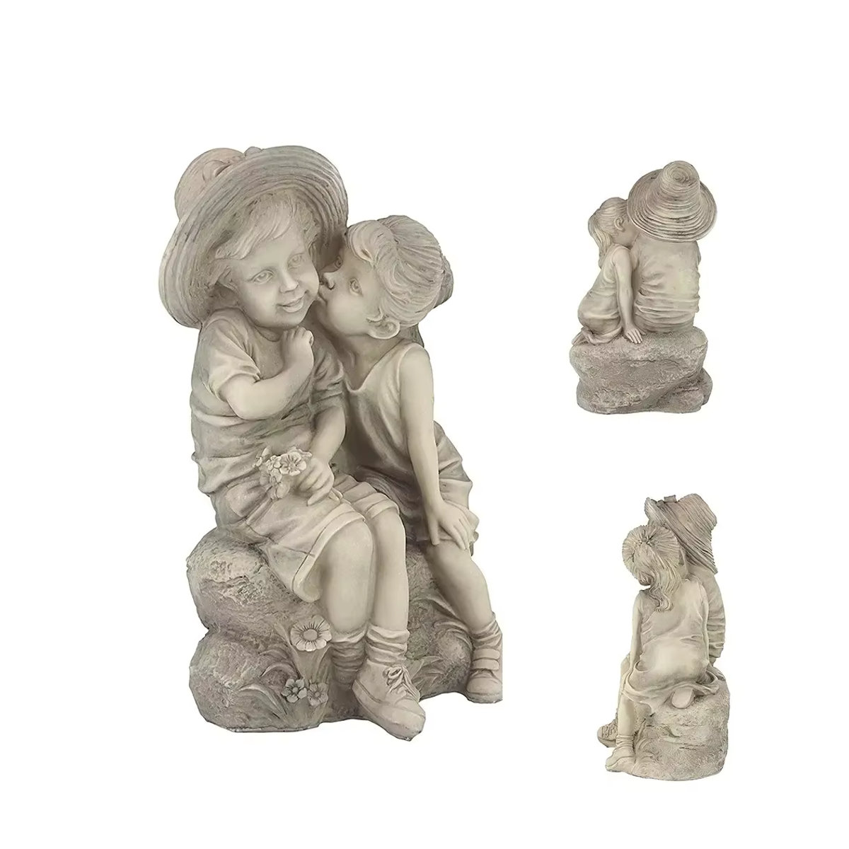 GUOFEI Deko-Skulptur aus Kunstharz – Klassische Statue küssende Kinder für Veranda und Innenhof in Grau und Beige - Bild 3