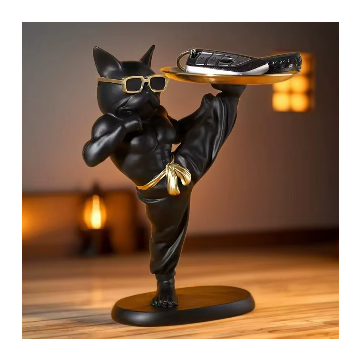 GUOFEI Tierornament Französische Bulldogge im Kung-Fu-Stil aus Kunstharz in Schwarz - Bild 3