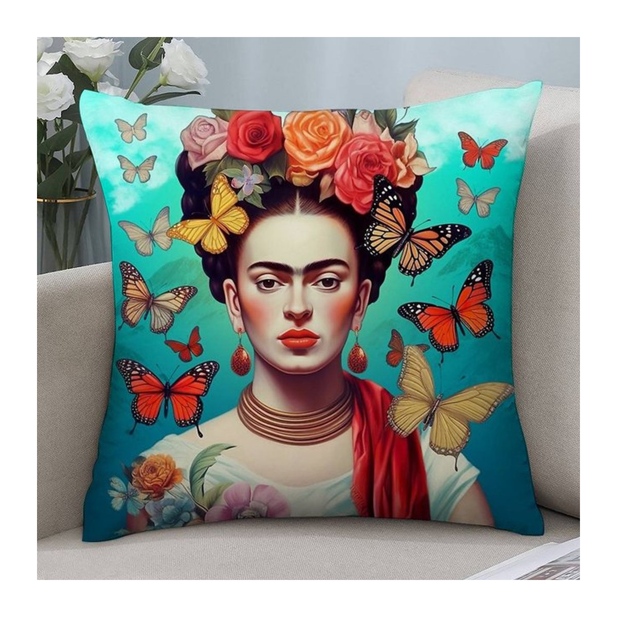 GUOYU HOMEDECOR Kunst Kissenbezug Frida Kahlo aus kurzem Plüsch, beidseitiger Druck, mehrfarbig, B/T/H: 30,48 x 30,48 cm - Bild 1
