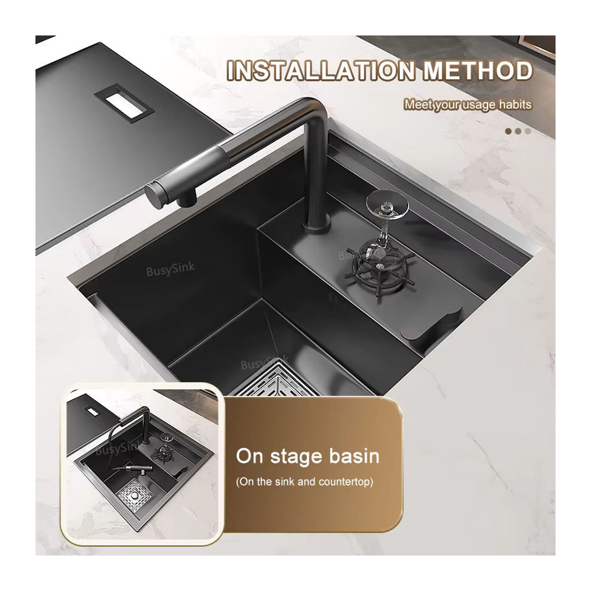 Gup Küchenspüle aus Edelstahl in Schwarz mit Deckel und minimalistischem Design für Waschmaschine oder Garten - Bild 2