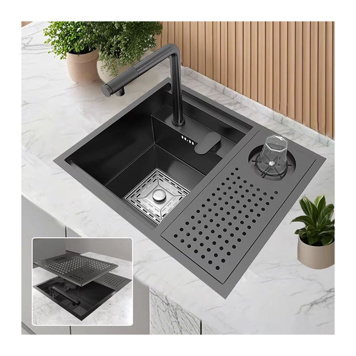 Gup Küchenspüle aus Edelstahl in Schwarz mit Deckel und minimalistischem Design für Waschmaschine oder Garten - Bild 4