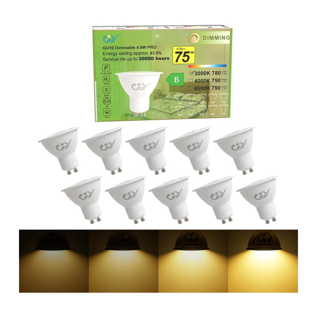 GY GU10 LED Set 10 Stück, 4,9W, 790 Lumen, dimmbar, Effizienzklasse B, 120 Grad Abstrahlwinkel - Bild 1