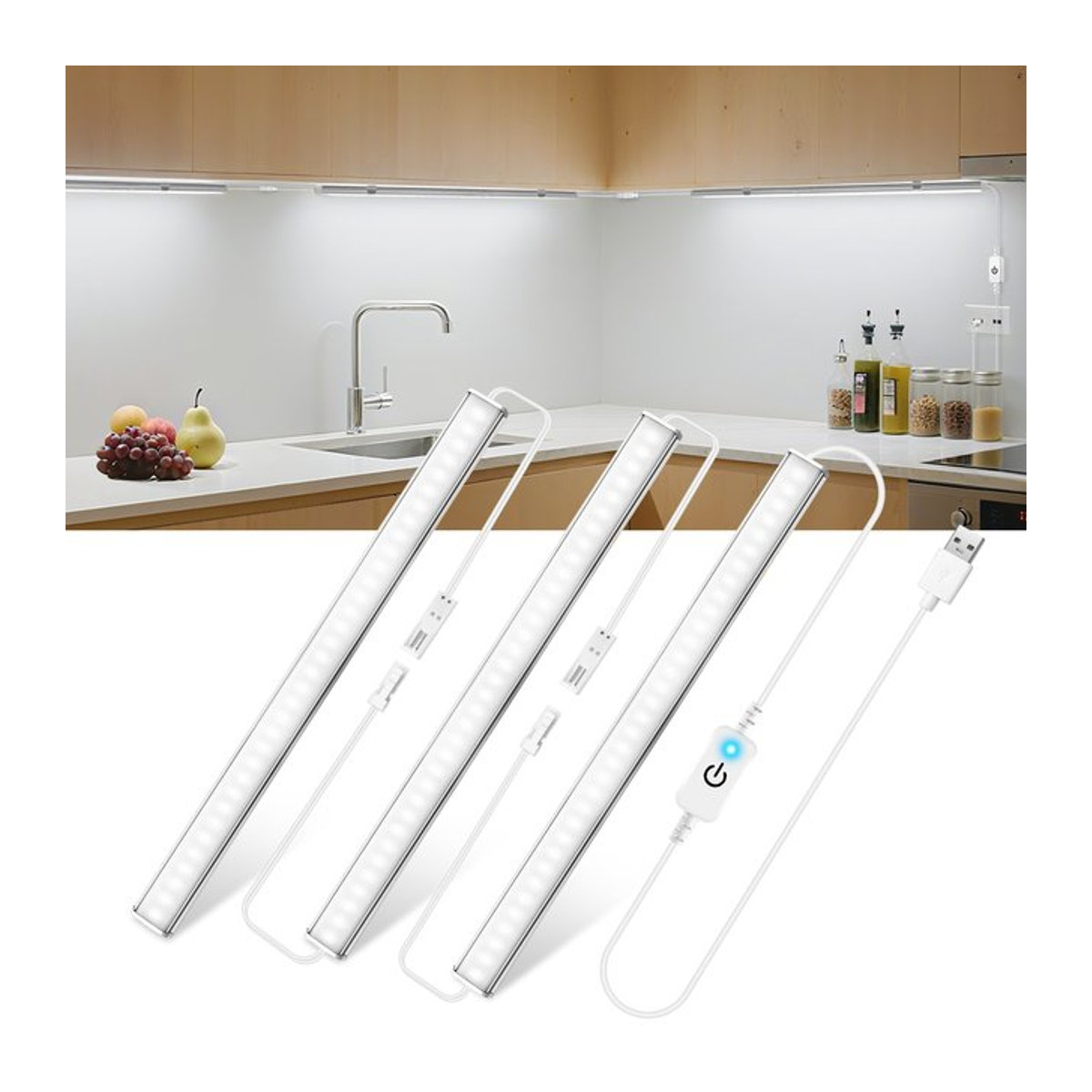 Gyarfas 3-teilige LED Möbelbeleuchtung aus Aluminium in Weiß mit USB-Touch-Sensor und Dimmfunktion - Bild 1