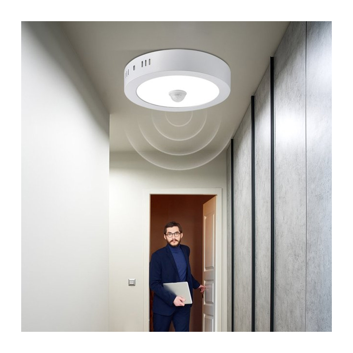 Gyarfas LED Rundpanel mit Bewegungssensor in Weiß, minimalistisches Aluminium-Design für Flur und Treppe - Bild 1