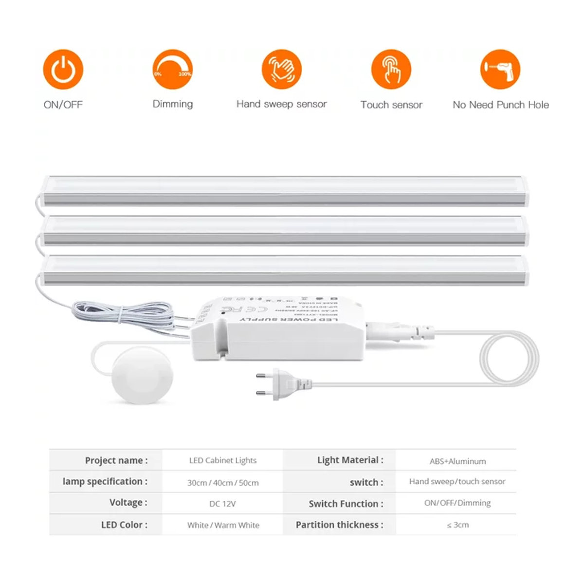 Gyarfas LED Unterbauleuchte für die Küchenmöbelbeleuchtung mit Hand-Scan Bewegungssensor und Touch-Schalter, dimmbar, Weiß, Aluminium und Holz - Bild 1