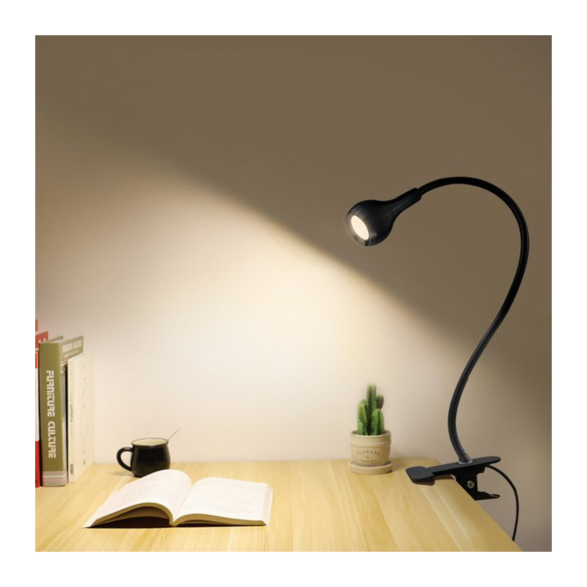 Gyarfas USB LED Leselampe mit Clip-Halterung für Schreibtisch und Schlafzimmer, Schwarz, minimalistisches Design - Bild 1
