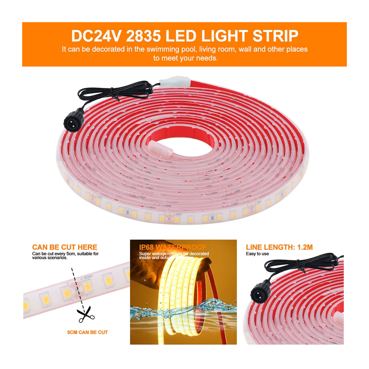 HAGAHA Solar LED-Lichtleiste DC 24 V, flexible wasserdichte LED-Lampe IP68 mit 120 LEDs/m und 8 Modi, Farben: Weiß, Rot, Grün, Blau, Neutralweiß - Bild 3