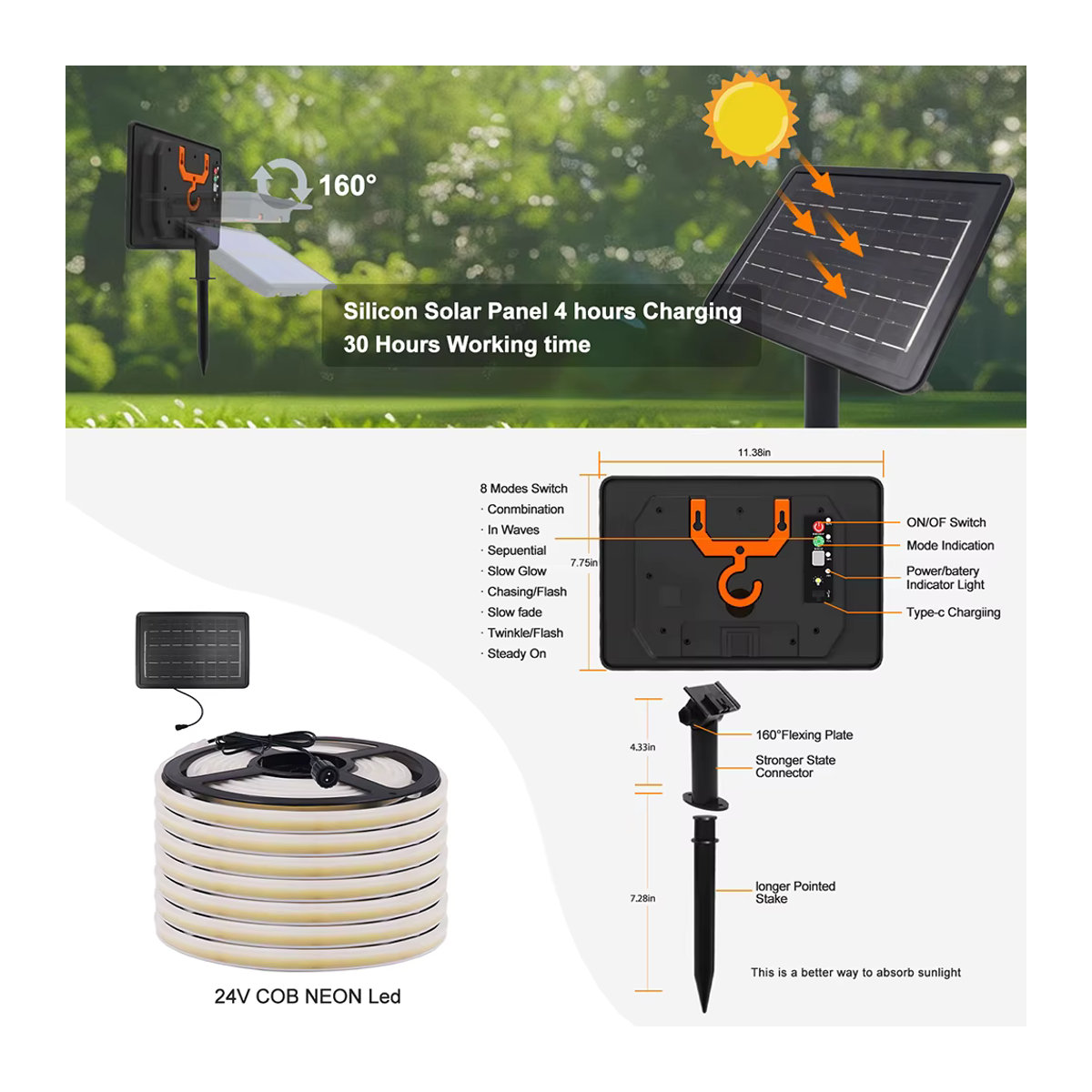 HAGAHA Solarbetriebener LED-Neonlichtstreifen IP68 Wasserdicht mit 8 Modi für Garten und Außendekoration - Bild 3