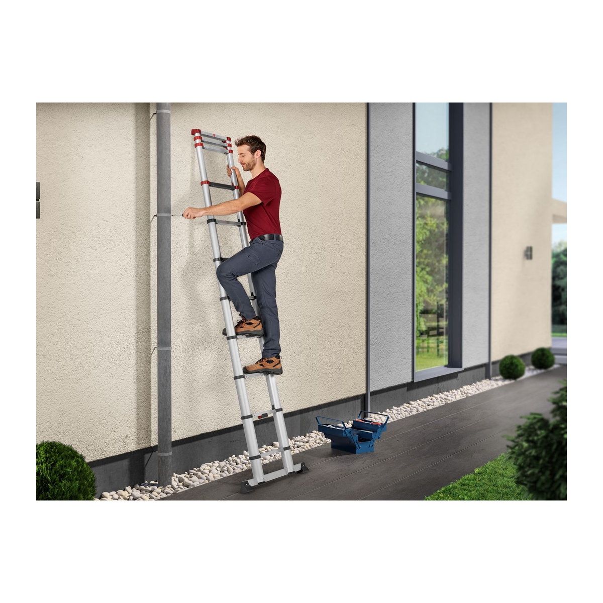 Hailo T80 FlexLine Teleskopleiter aus Aluminium mit 11 Sprossen, Silber, Schwarz, Rot - Bild 4