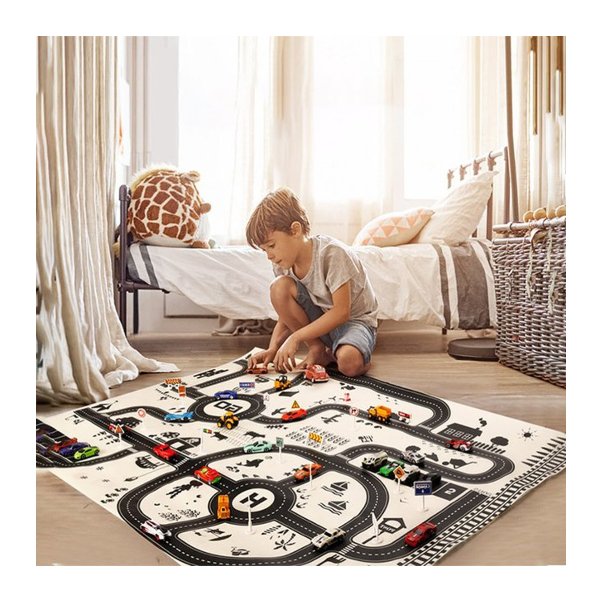 Hairun Spielteppich für Kinder mit Straßenkarte und Stadtverkehr, mehrfarbig, B: 130 cm, H: 100 cm - Bild 1