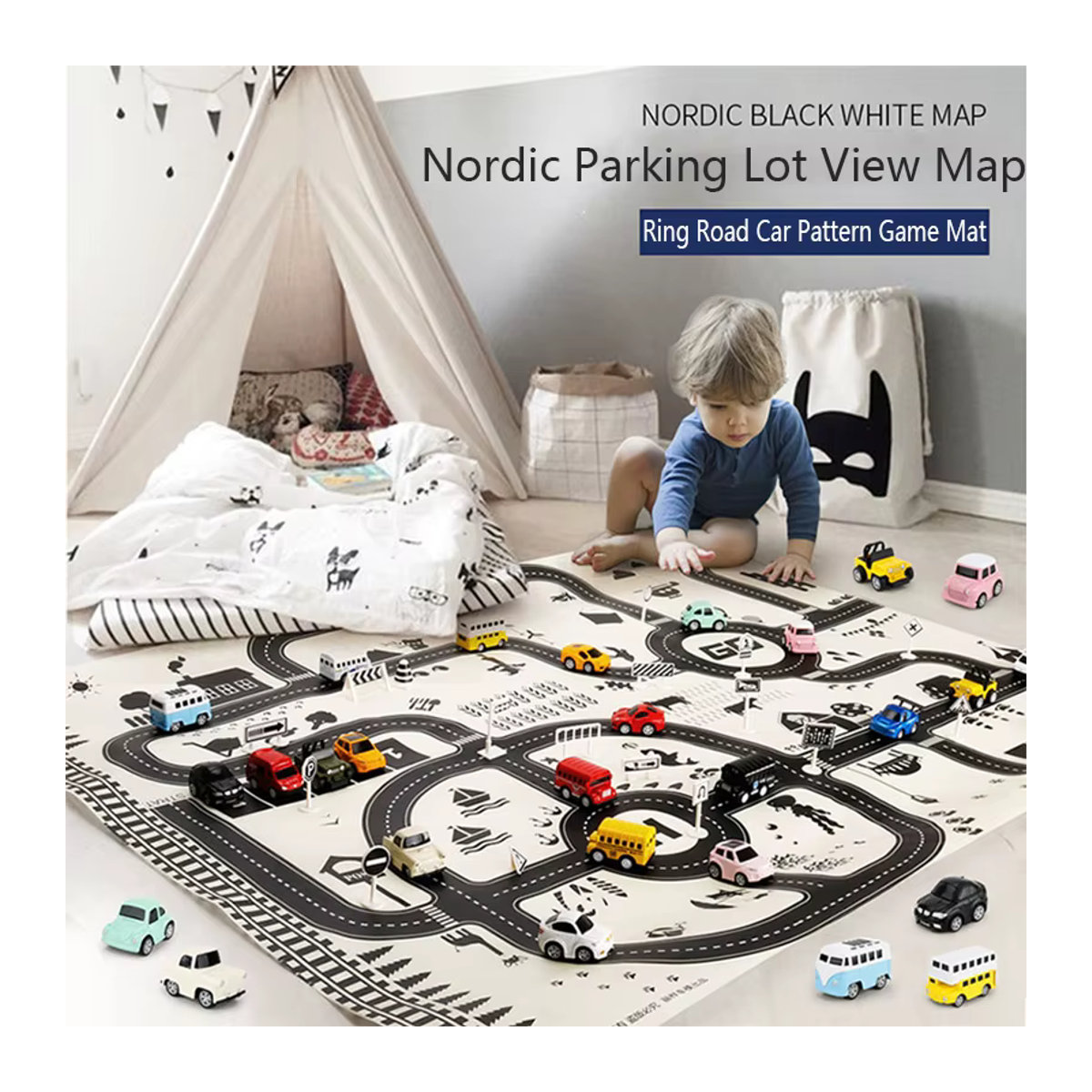 Hairun Spielteppich für Kinder mit Straßenkarte und Stadtverkehr, mehrfarbig, B: 130 cm, H: 100 cm - Bild 2