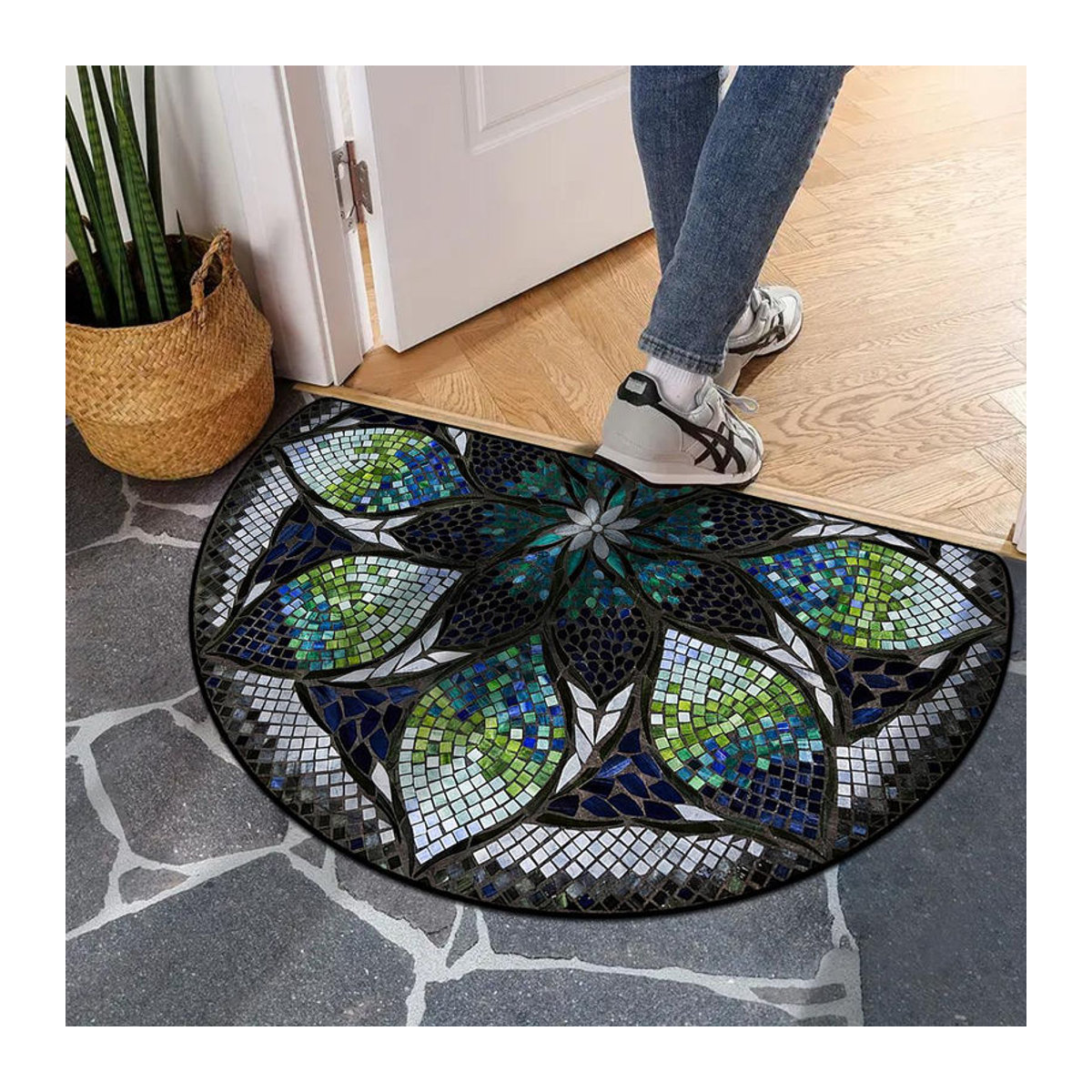 Halbkreisförmige Fußmatte mit Blumenmuster für den Außenbereich, Bunt, B/T: 90 x 60 cm - Bild 1