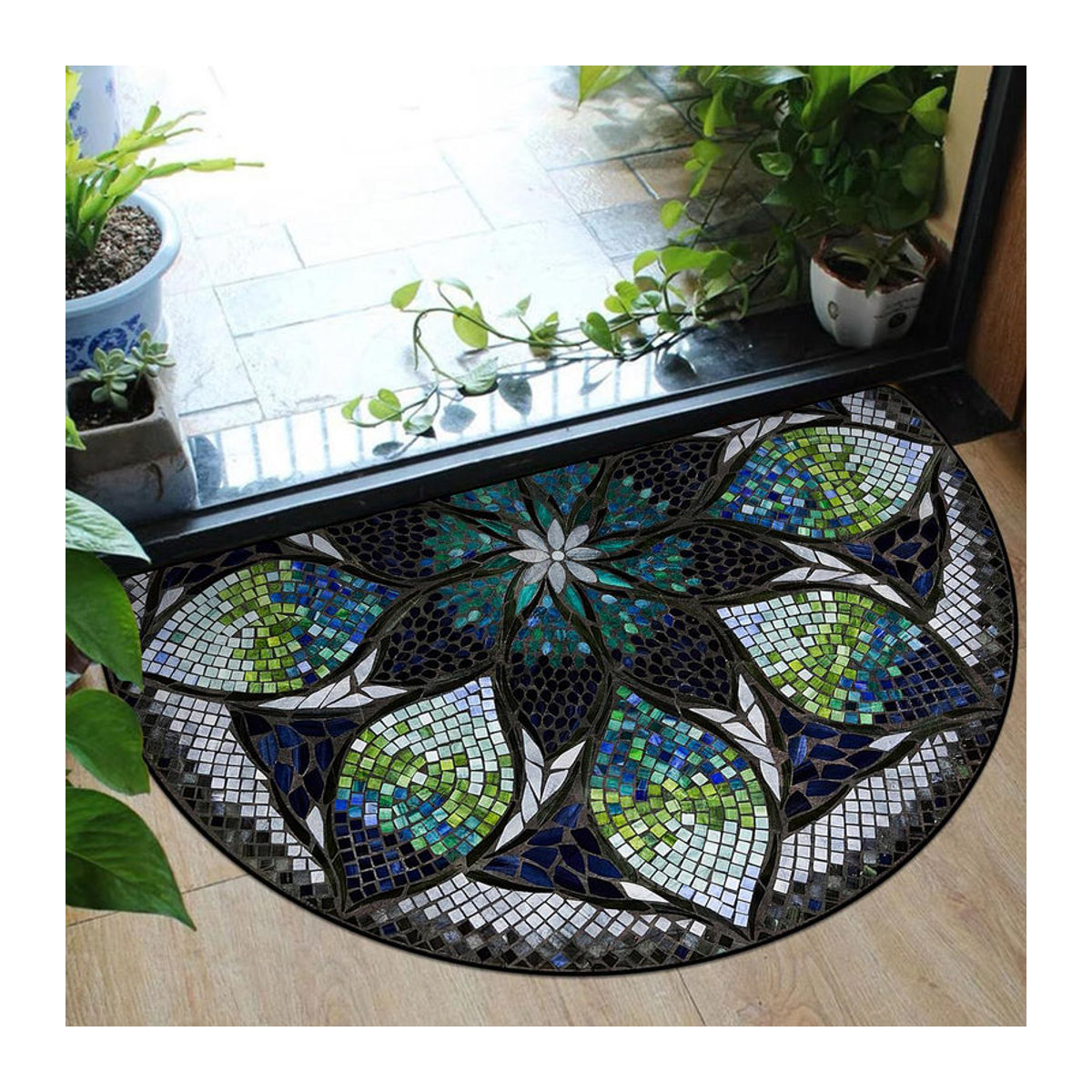 Halbkreisförmige Fußmatte mit Blumenmuster für den Außenbereich, Bunt, B/T: 90 x 60 cm - Bild 3