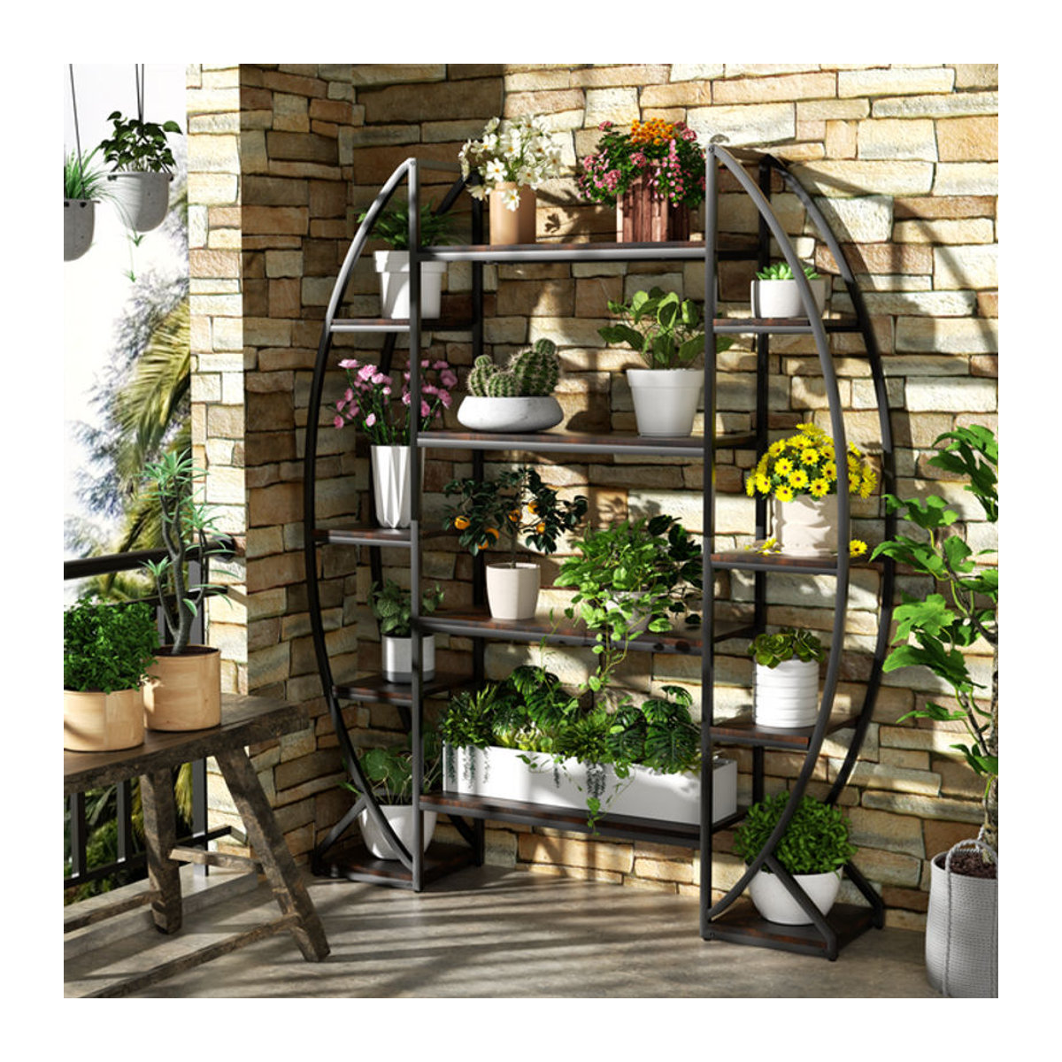 Halbmondförmiges Pflanzenständer-Bücherregal aus Metall im industriellen Stil für Garten und Zuhause in Schwarz oder Braun - Bild 1