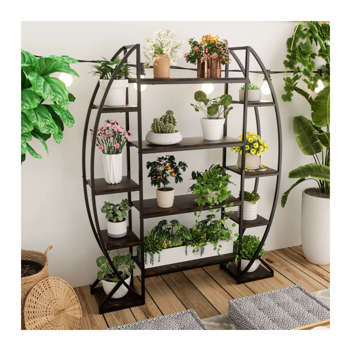 Halbmondförmiges Pflanzenständer-Bücherregal aus Metall im industriellen Stil für Garten und Zuhause in Schwarz oder Braun - Bild 2