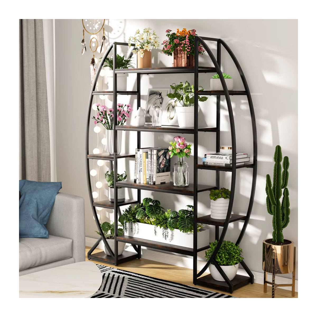 Halbmondförmiges Pflanzenständer-Bücherregal aus Metall im industriellen Stil für Garten und Zuhause in Schwarz oder Braun - Bild 3