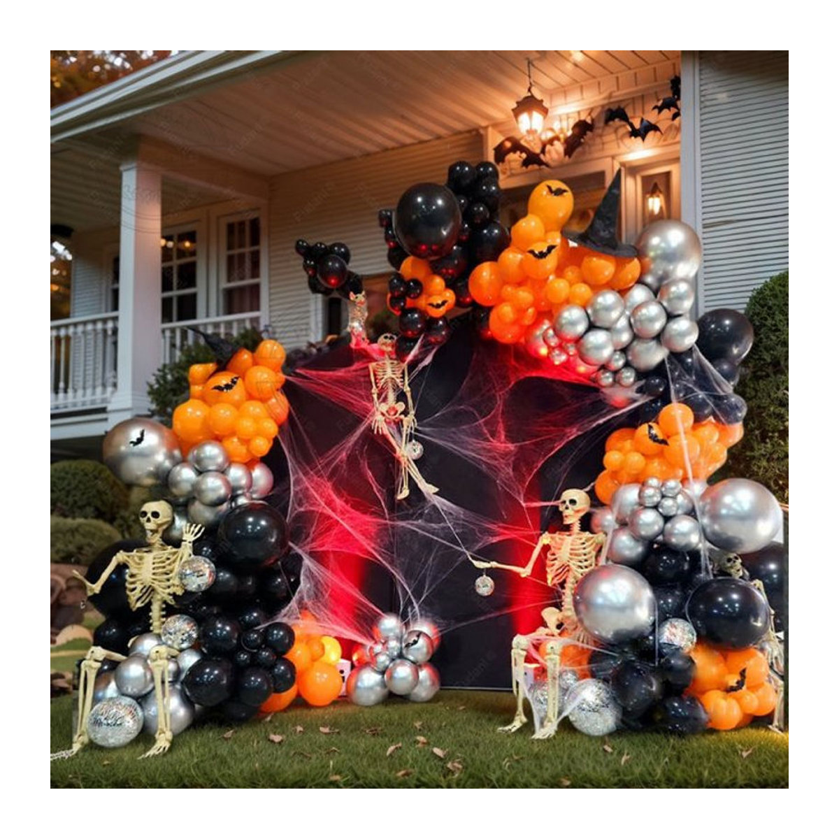 Halloween Ballonbogen Dekoration mit Jack-O'-Lantern Motiven in Orange, Schwarz und Weiß - Bild 1