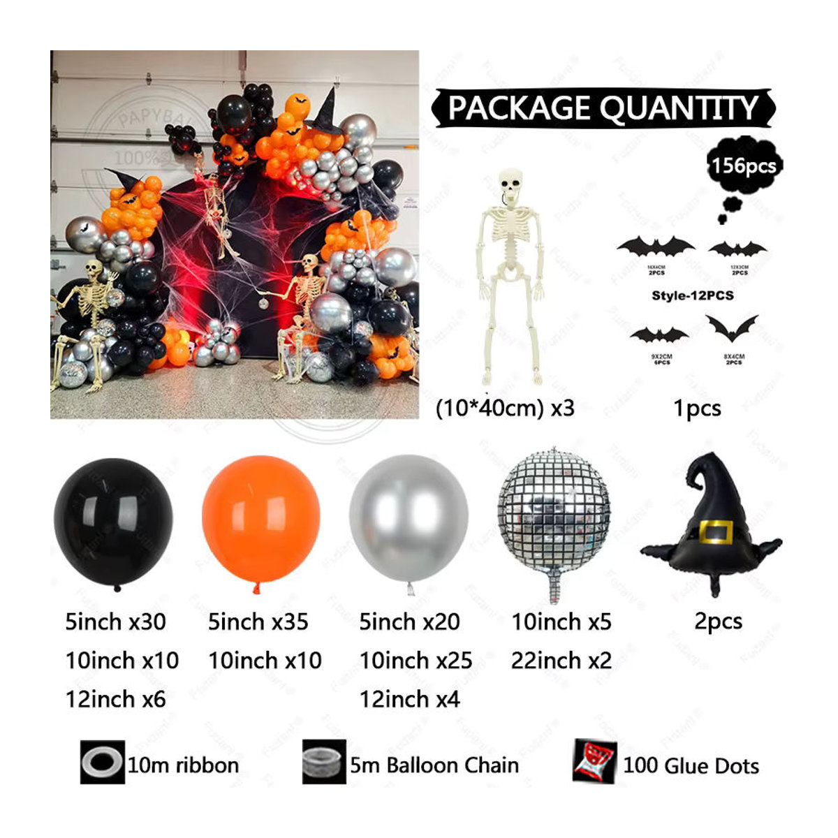 Halloween Ballonbogen Dekoration mit Jack-O'-Lantern Motiven in Orange, Schwarz und Weiß - Bild 2