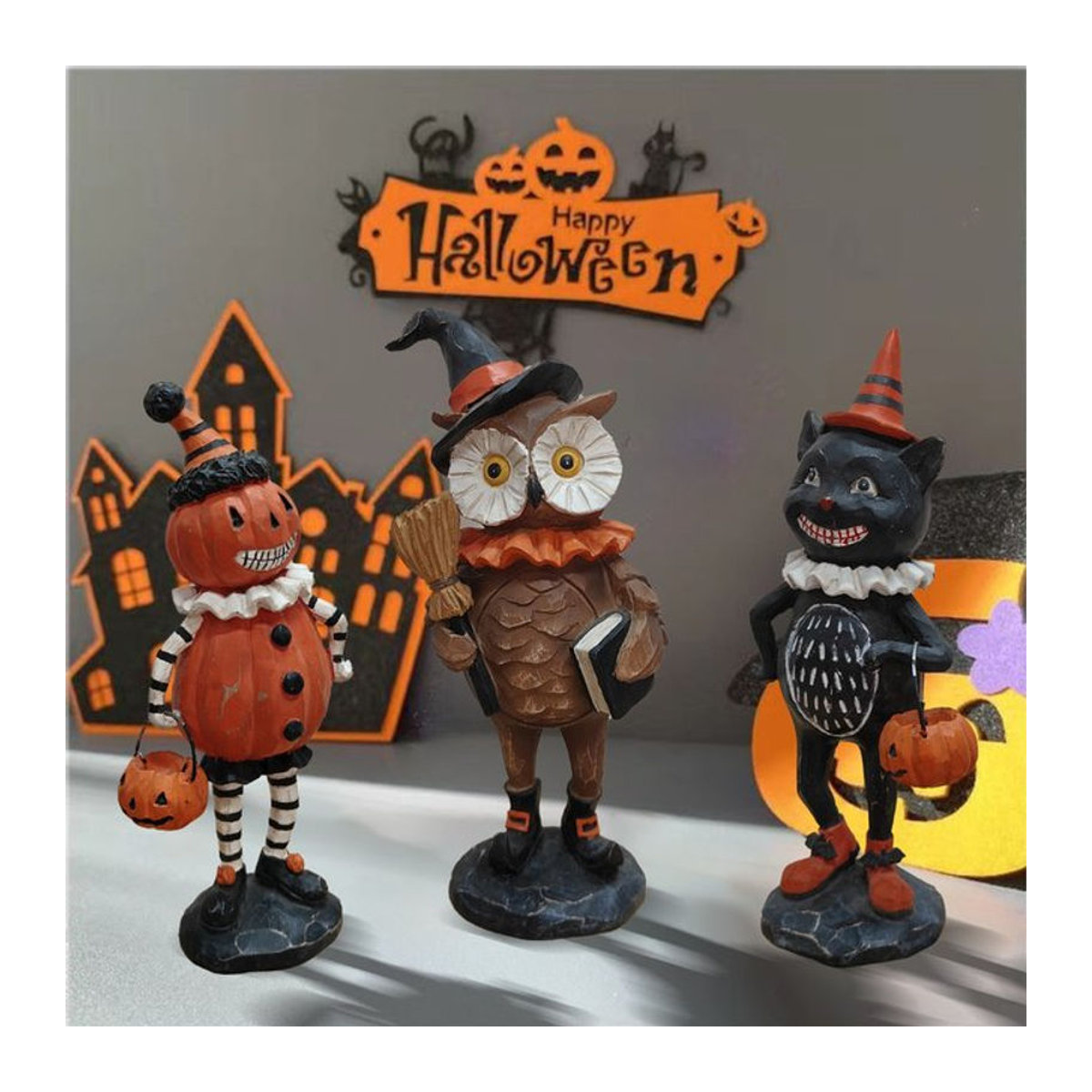 Halloween Dekoration aus Kunstharz: Geschnitzte Eulen-Statue mit schwarzer Katze für Innen und Außen - Bild 1