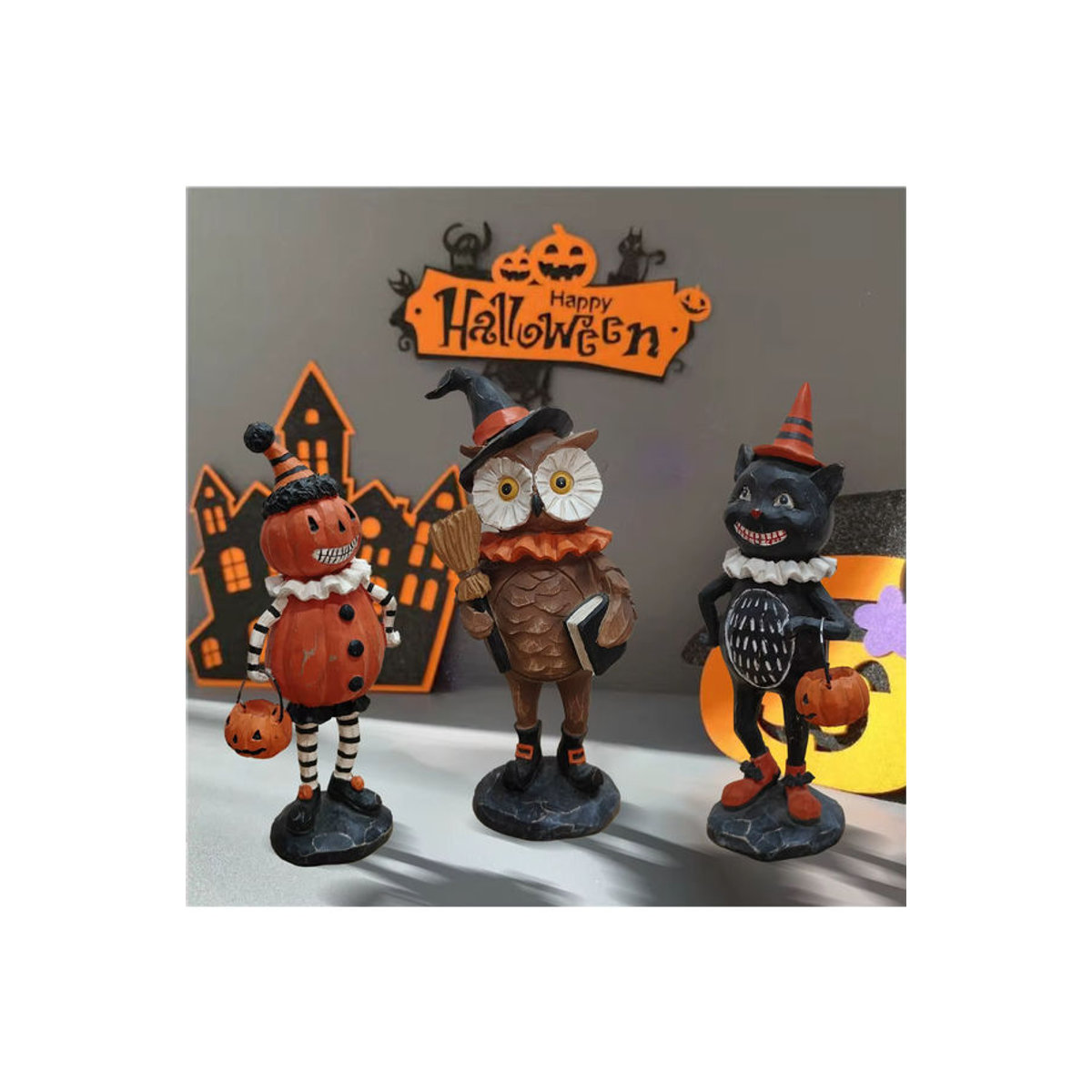 Halloween Dekoration aus Kunstharz: Geschnitzte Eulen-Statue mit schwarzer Katze für Innen und Außen - Bild 3