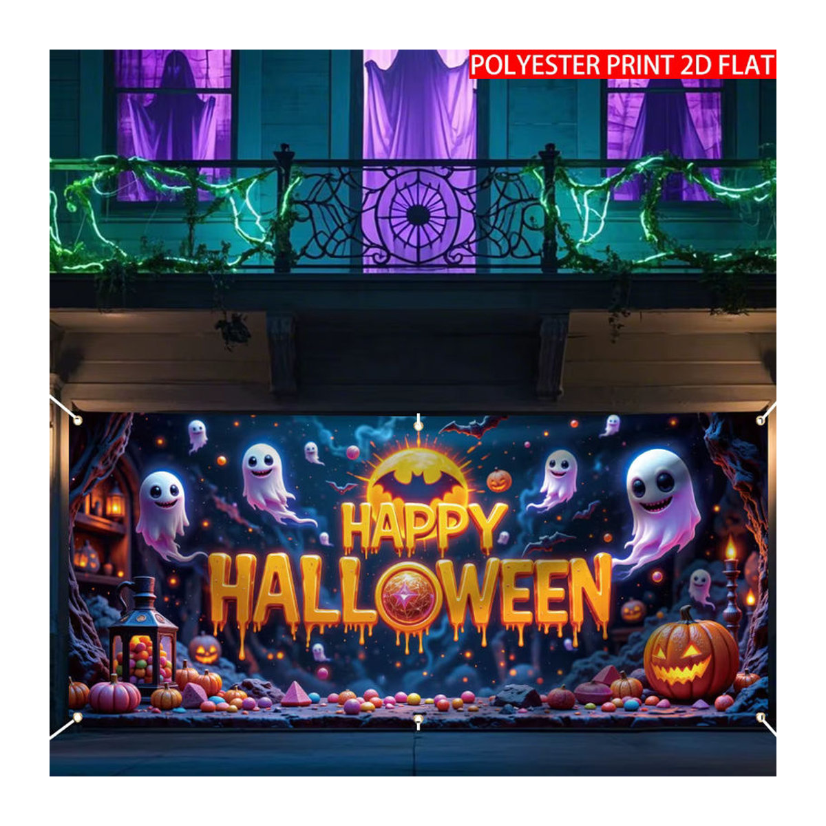 Halloween Dekorationsbanner mit Geist Motiv als mehrfarbiges Textil-Hintergrundtuch in rechteckiger Form - Bild 1