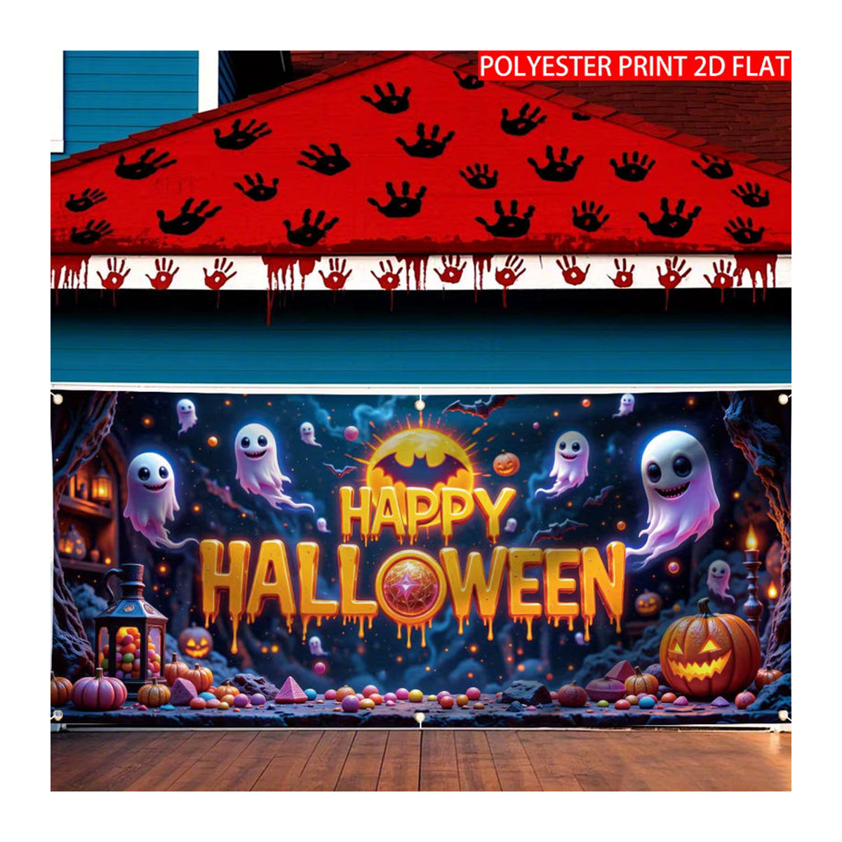 Halloween Dekorationsbanner mit Geist Motiv als mehrfarbiges Textil-Hintergrundtuch in rechteckiger Form - Bild 2