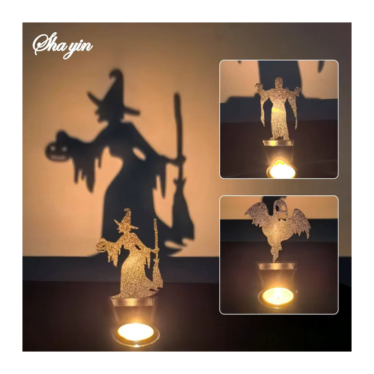 Halloween Dekorationsset mit Kürbis- und Schädel-Ornamenten sowie goldenen Kerzenständern für Teelichter - Bild 2