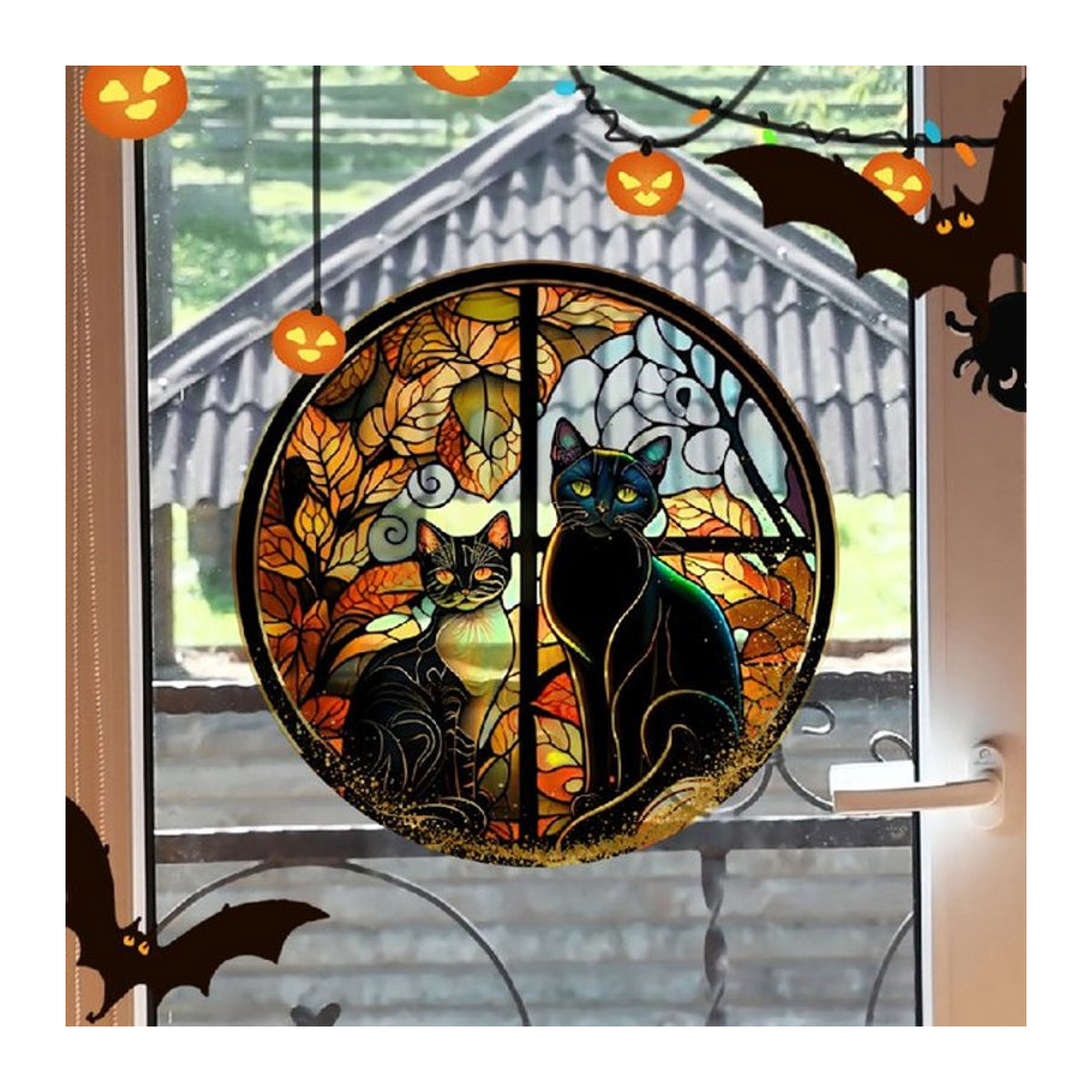 Halloween Fensteraufkleber mit beängstigender Katze als statische Dekoration für Fenster und Autos, mehrfarbig und rund - Bild 1