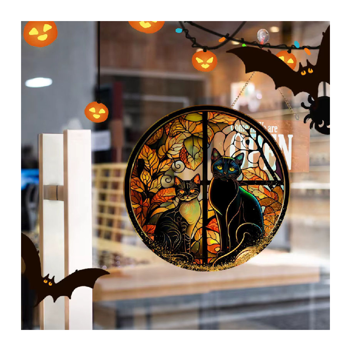 Halloween Fensteraufkleber mit beängstigender Katze als statische Dekoration für Fenster und Autos, mehrfarbig und rund - Bild 2