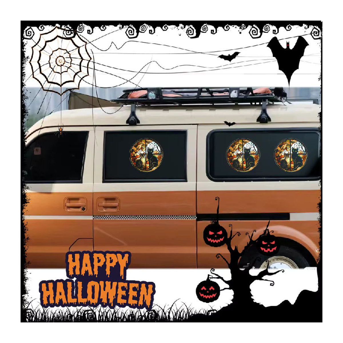 Halloween Fensteraufkleber mit beängstigender Katze als statische Dekoration für Fenster und Autos, mehrfarbig und rund - Bild 5