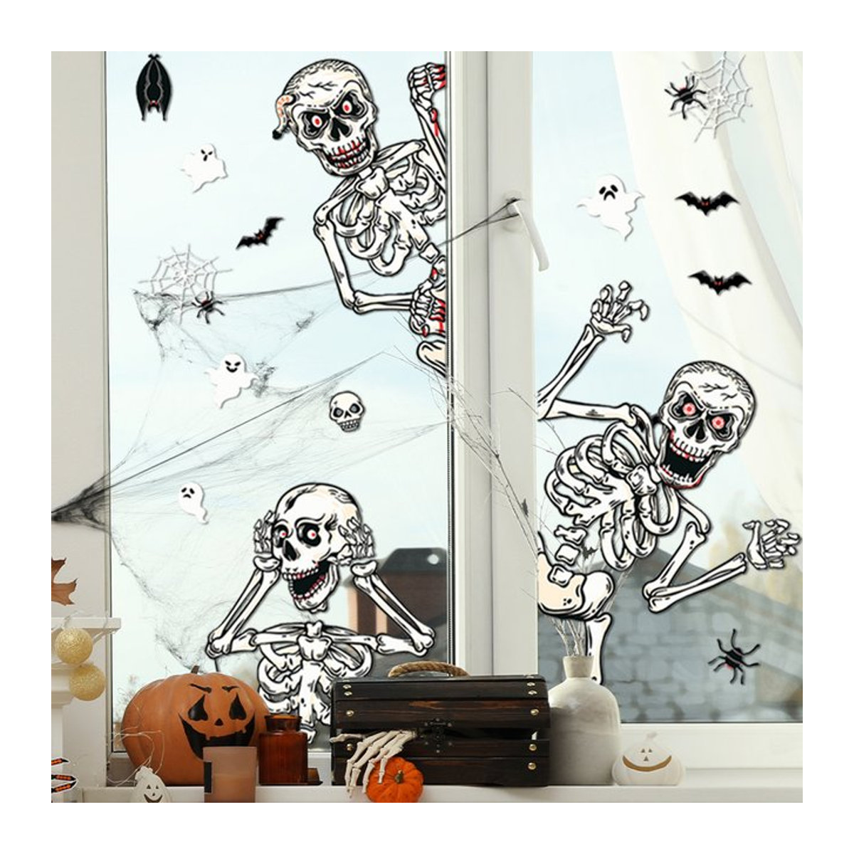 Halloween Fensteraufkleber von joy-enlife mit Skelett, Geist und Spinnenmustern in Weiß zur Partydekoration - Bild 1