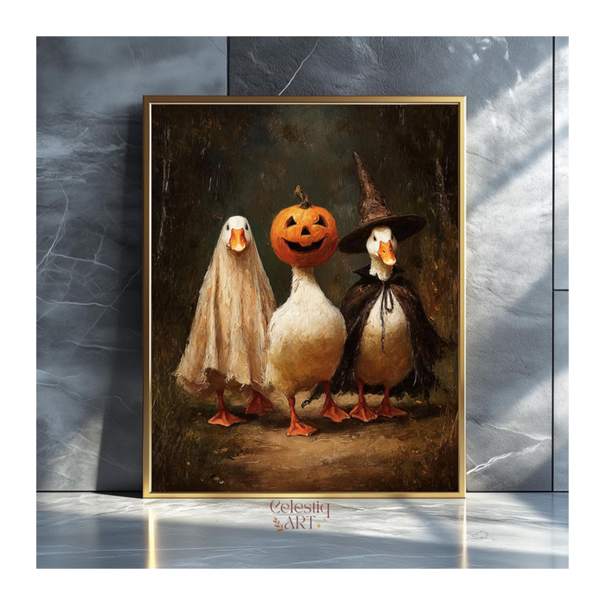 Halloween-Gans-Kunstdruck als mehrfarbige Wandkunst für Herbst und Halloween in Hochformat - Bild 1