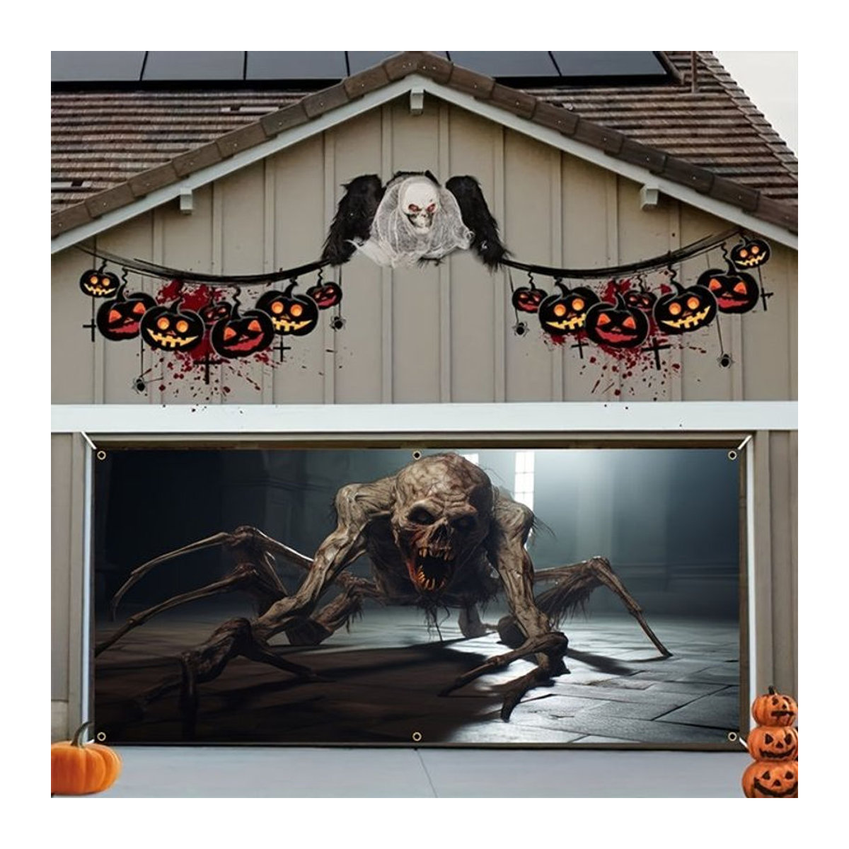 Halloween Garagentor Banner mit Schädel und Spinnen Design aus Polyester, mehrfarbig, B: 150 cm, H: 100 cm - Bild 1