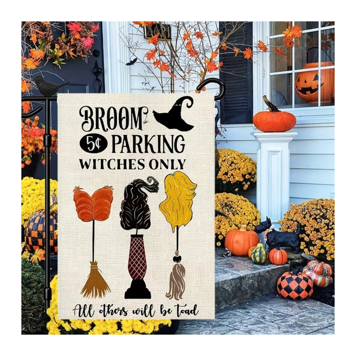 Halloween Gartenflagge mit Hexenbesen aus Leinen, beige/weiß, B/H: 45 x 30 cm - Bild 1