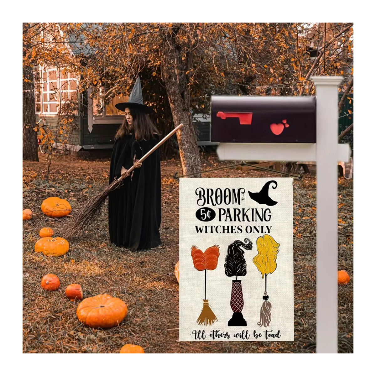 Halloween Gartenflagge mit Hexenbesen aus Leinen, beige/weiß, B/H: 45 x 30 cm - Bild 2