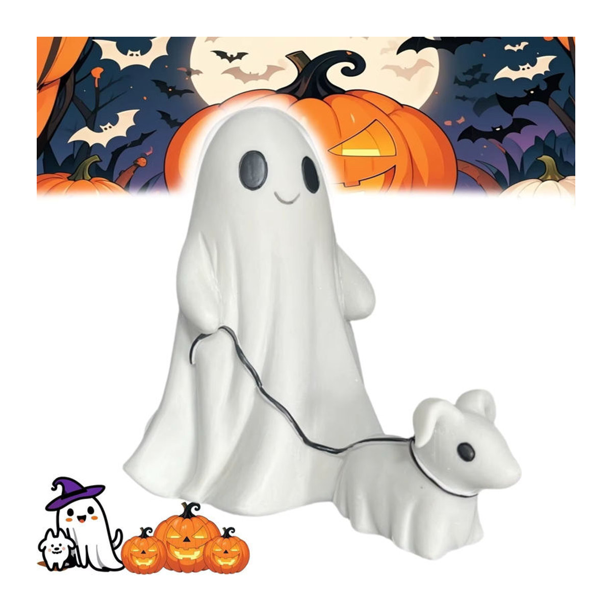 Halloween Ghost Walking Dog Statue aus Keramik in Weiß zur Tischdekoration - Bild 3