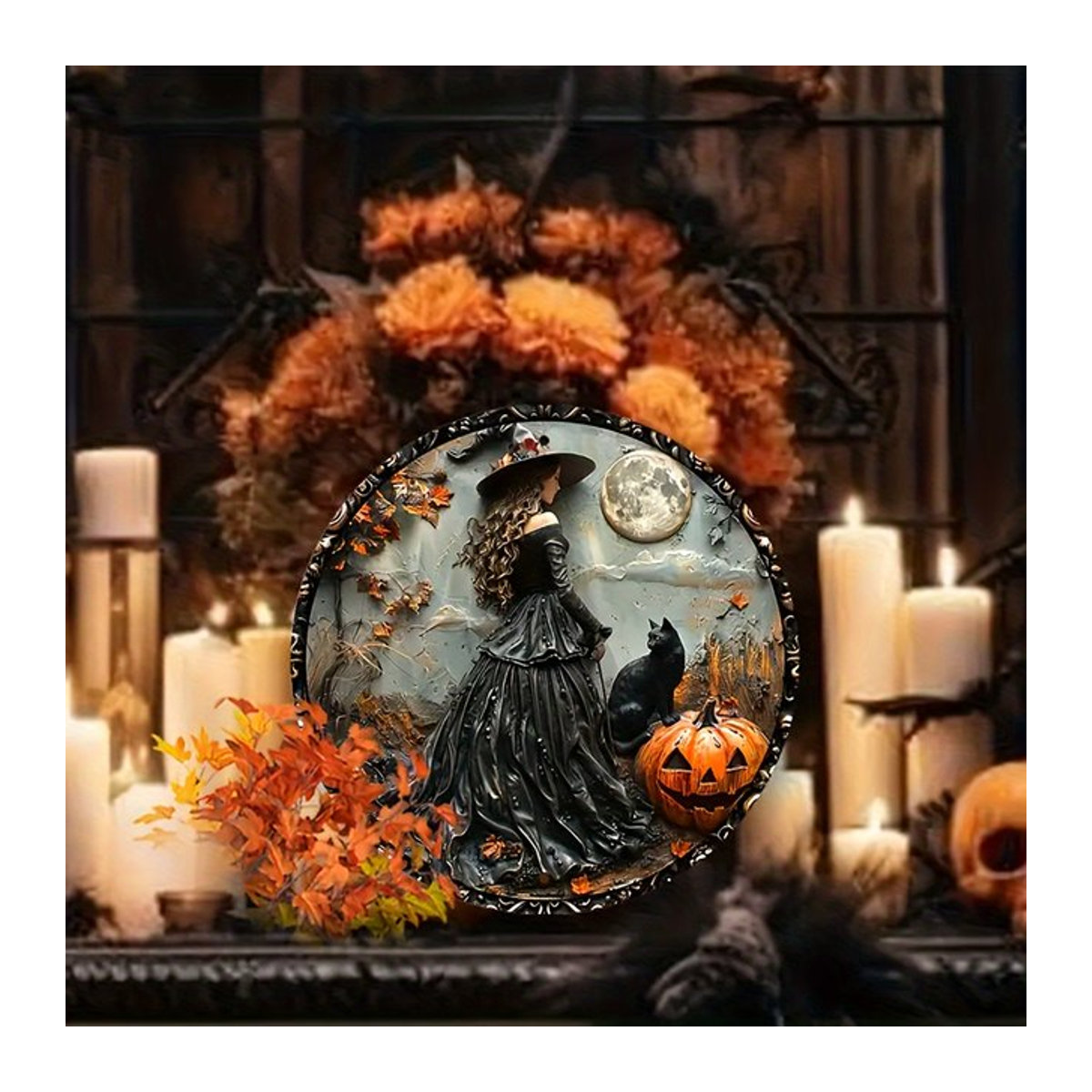 Halloween Gothic Wandkunst Hexe mit schwarzer Katze, wasserfeste Dekoration für Innen und Außen, mehrfarbig, Durchmesser: 20 cm - Bild 1