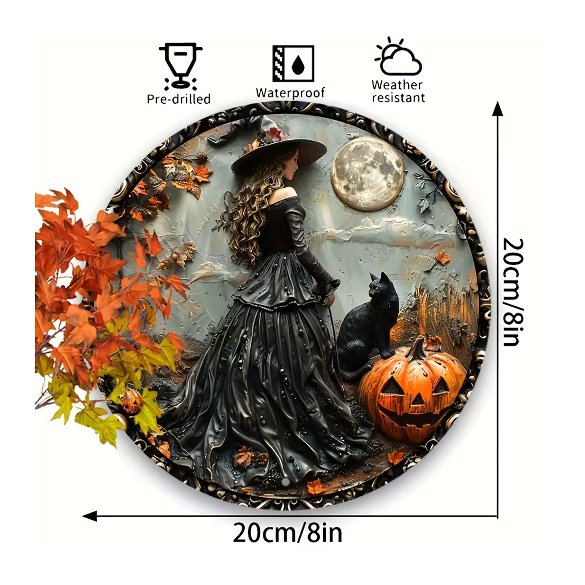 Halloween Gothic Wandkunst Hexe mit schwarzer Katze, wasserfeste Dekoration für Innen und Außen, mehrfarbig, Durchmesser: 20 cm - Bild 2