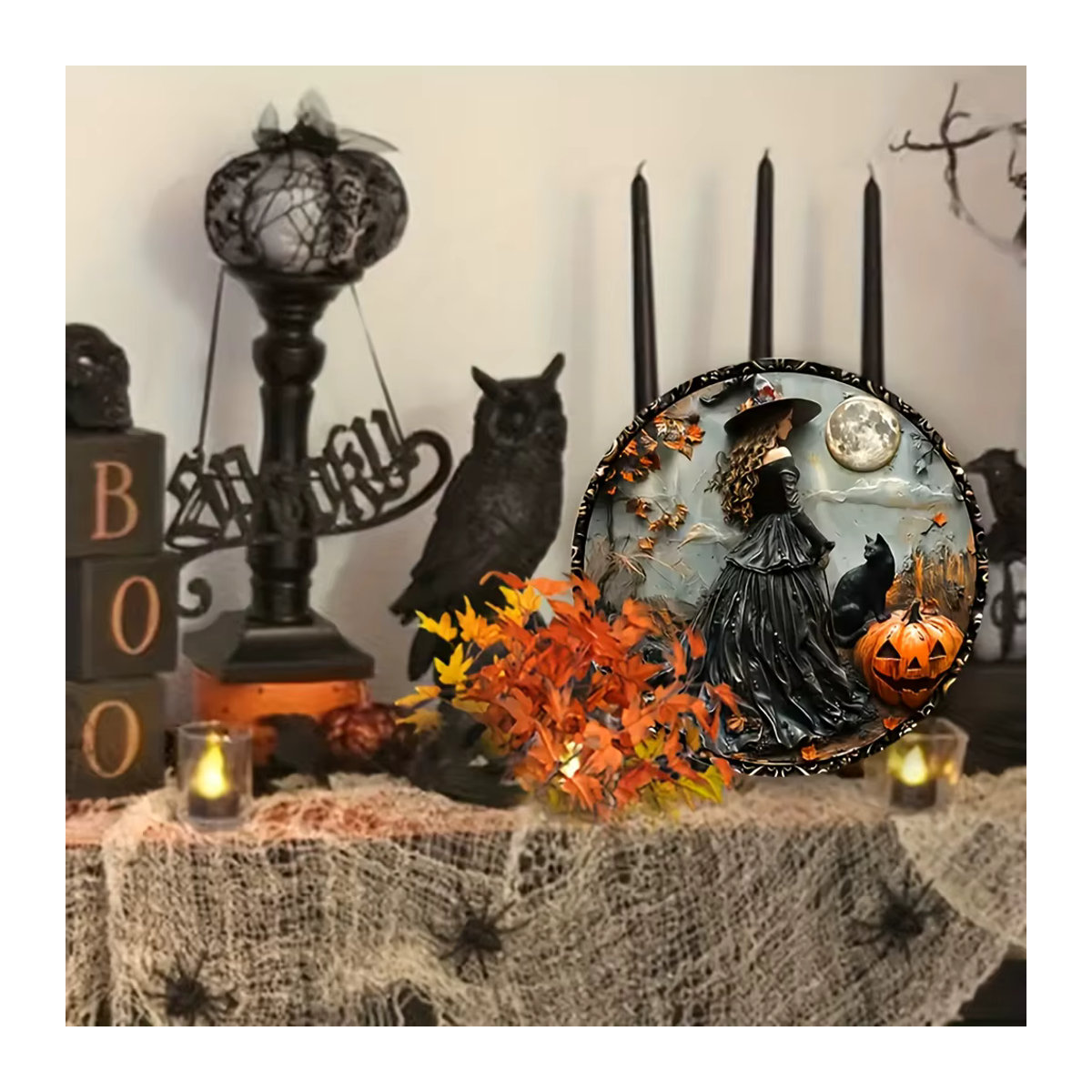 Halloween Gothic Wandkunst Hexe mit schwarzer Katze, wasserfeste Dekoration für Innen und Außen, mehrfarbig, Durchmesser: 20 cm - Bild 3