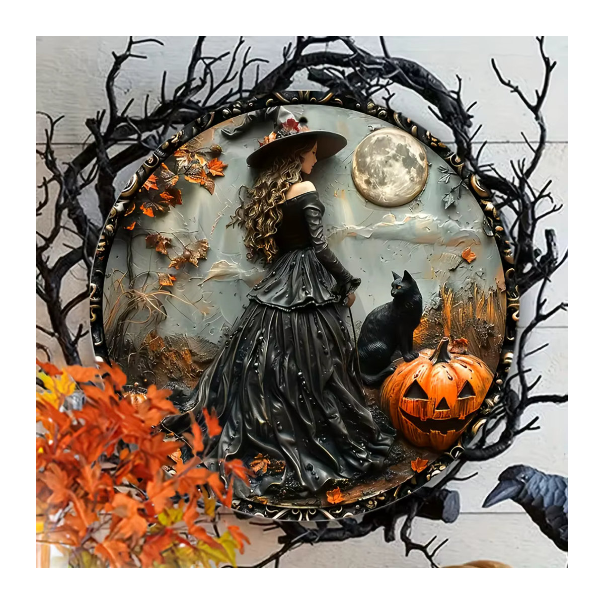 Halloween Gothic Wandkunst Hexe mit schwarzer Katze, wasserfeste Dekoration für Innen und Außen, mehrfarbig, Durchmesser: 20 cm - Bild 4