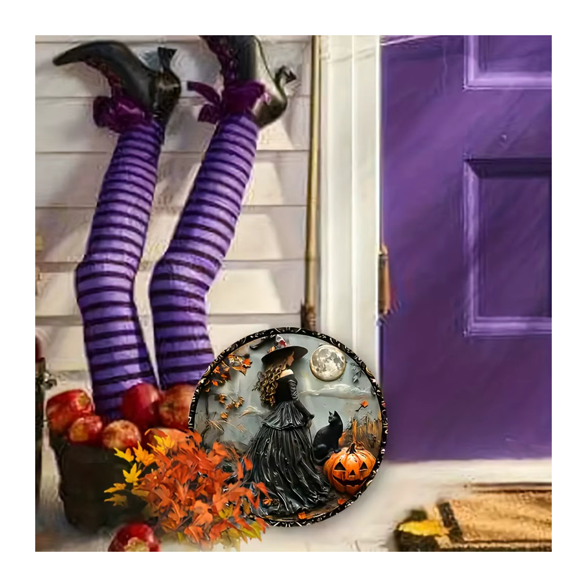 Halloween Gothic Wandkunst Hexe mit schwarzer Katze, wasserfeste Dekoration für Innen und Außen, mehrfarbig, Durchmesser: 20 cm - Bild 5