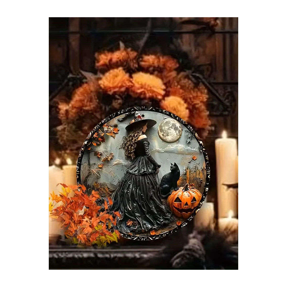 Halloween Gothic Wandkunst Hexe mit schwarzer Katze, wasserfeste Dekoration für Innen und Außen, mehrfarbig, Durchmesser: 20 cm - Bild 6