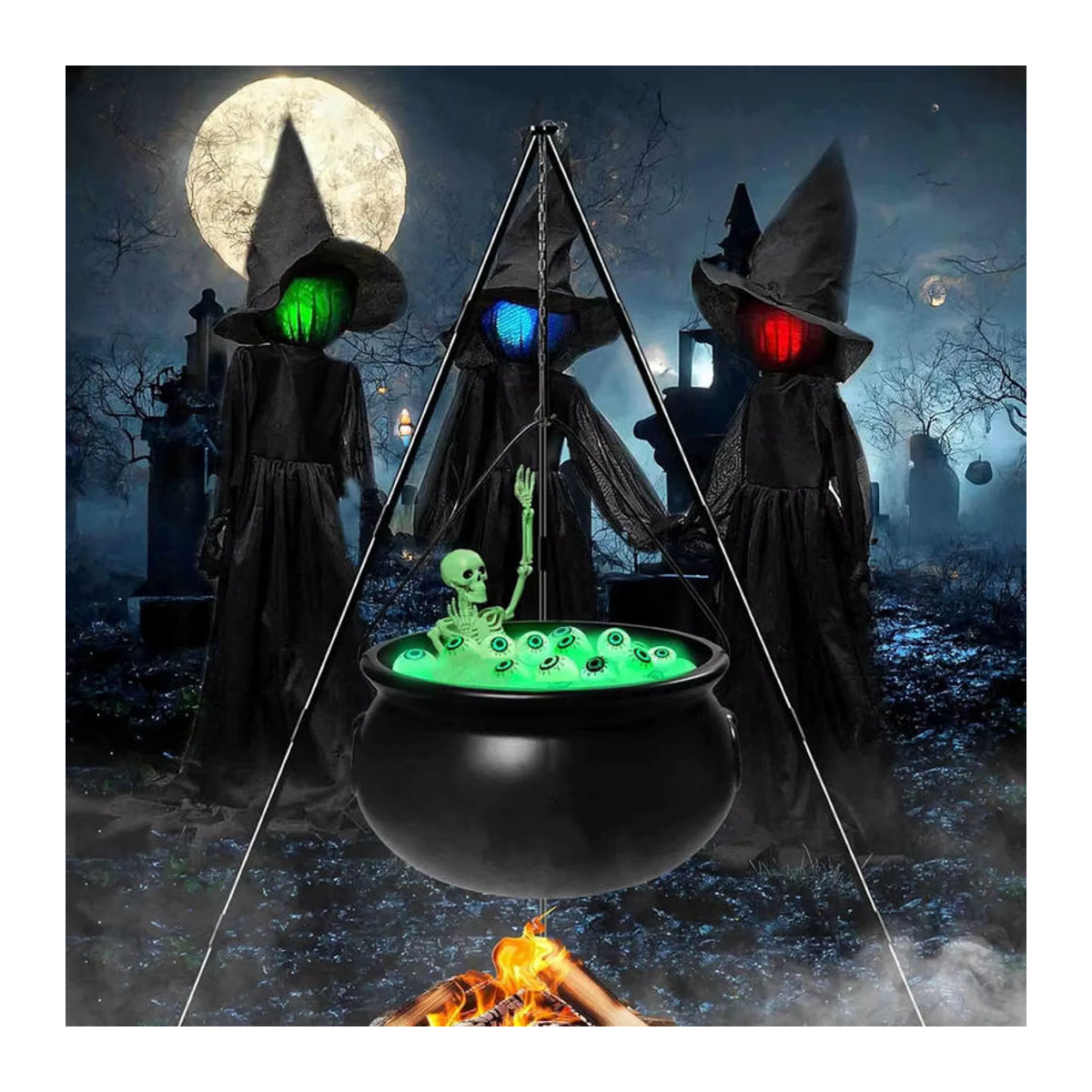 Halloween Hexenkessel mit Stativ, Augäpfeln, Lichterkette und Skelett in Schwarz und Blau zur Hofdekoration - Bild 2