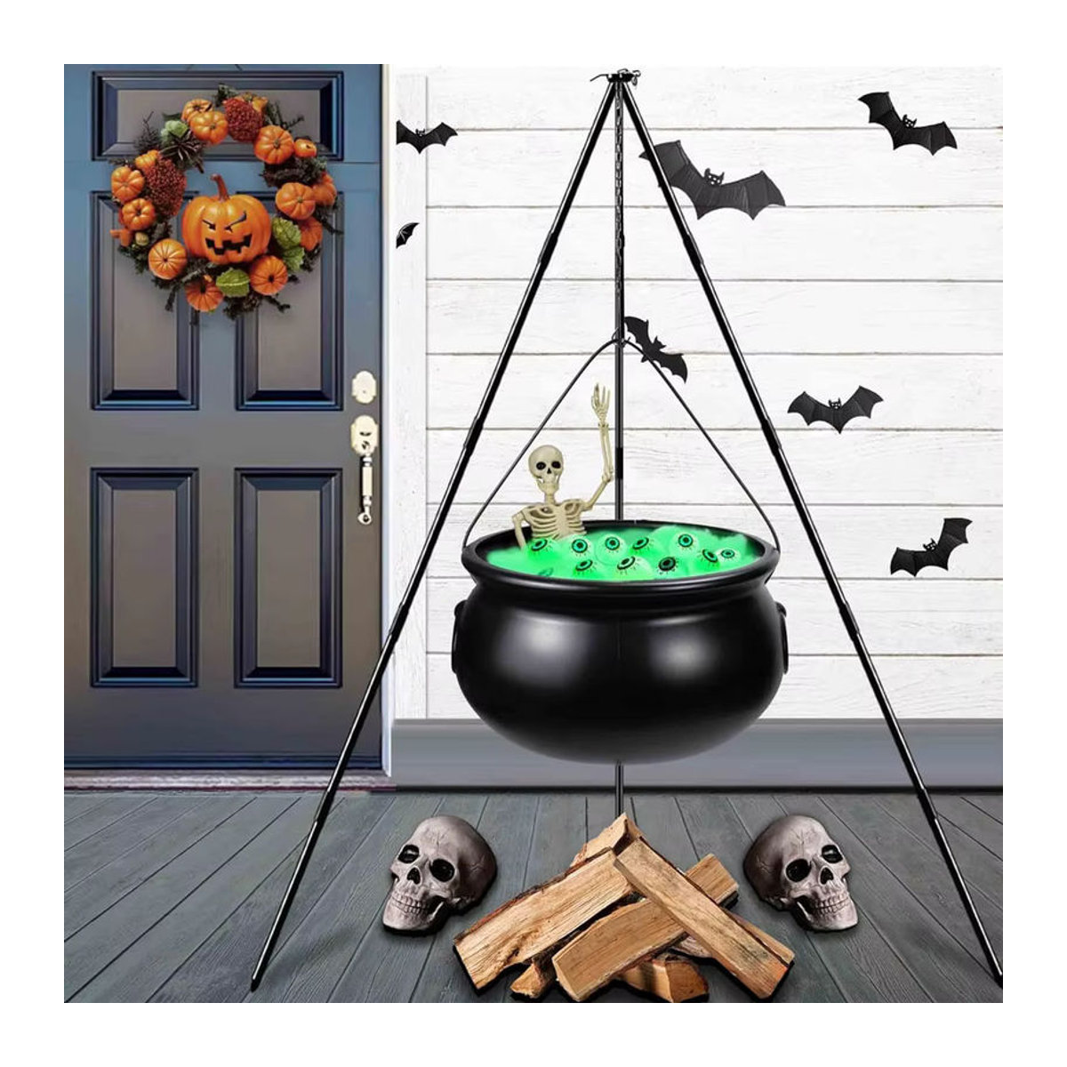Halloween Hexenkessel mit Stativ, Augäpfeln, Lichterkette und Skelett in Schwarz und Blau zur Hofdekoration - Bild 3