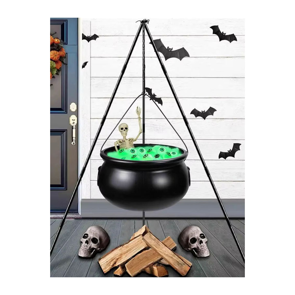 Halloween Hexenkessel mit Stativ, Augäpfeln, Lichterkette und Skelett in Schwarz und Blau zur Hofdekoration - Bild 7