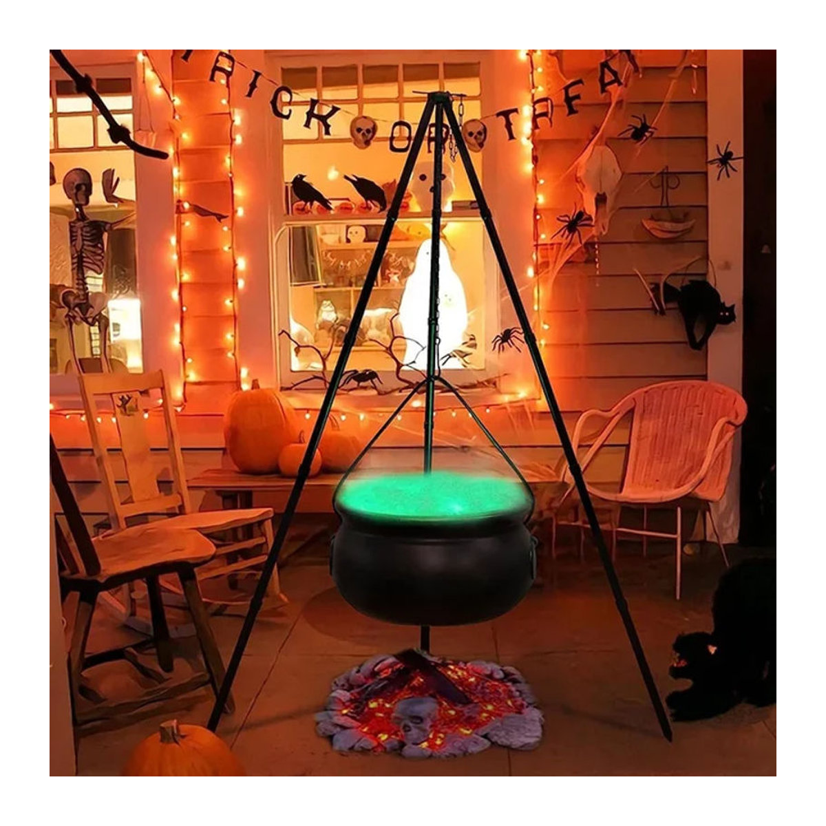 Halloween Hexenkessel mit Stativ und Lichtern als Outdoor Dekoration aus Kunststoff in Schwarz - Bild 1