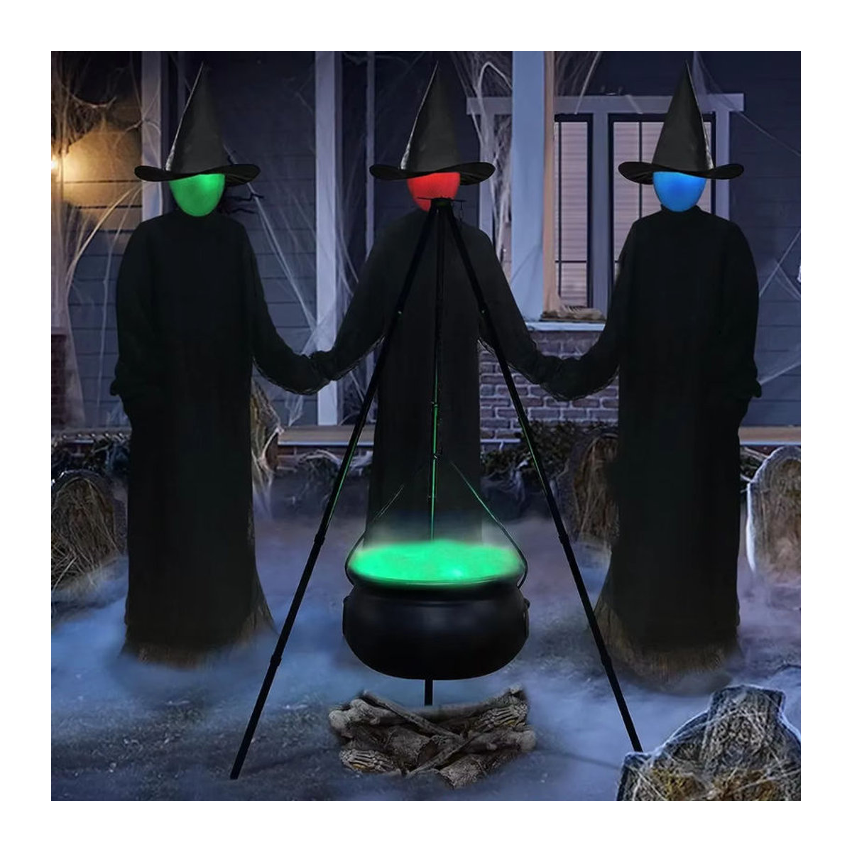 Halloween Hexenkessel mit Stativ und Lichtern als Outdoor Dekoration aus Kunststoff in Schwarz - Bild 2
