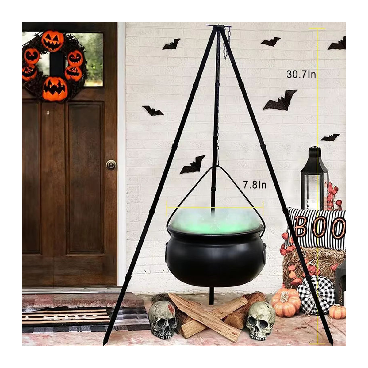 Halloween Hexenkessel mit Stativ und Lichtern als Outdoor Dekoration aus Kunststoff in Schwarz - Bild 3