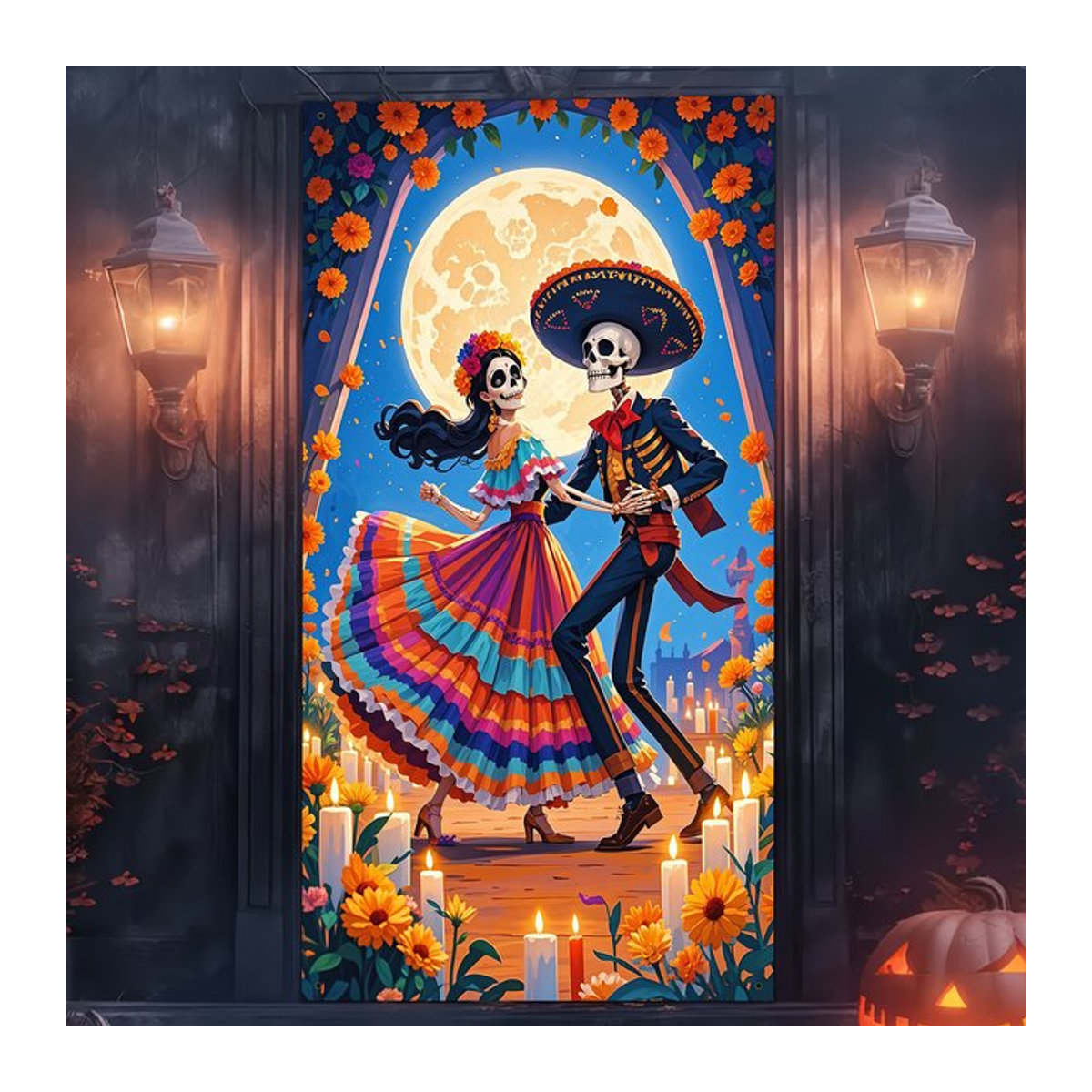 Halloween Hintergrundtuch von sjs mit Totenkopf- und Blumendesign, mehrfarbig, rechteckig, B: 180 cm, H: 90 cm - Bild 1